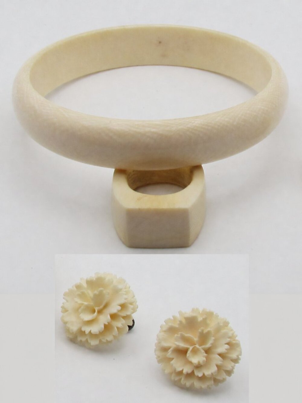 Antique Victorian Ivory Lot Bangle Ring & Earrings